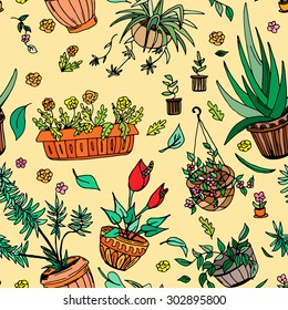 Pot plants seamless pattern, hand-drawn design elements, vector illustration