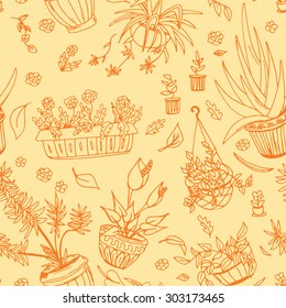 Pot plants seamless pattern, hand-drawn design elements, vector illustration,