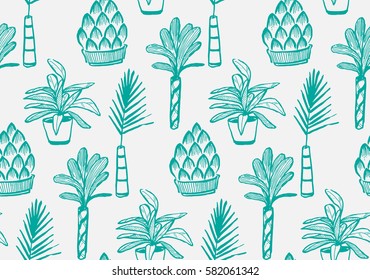Pot plants set, vector illustration flowers in pots drawn green line on a white background, hand-drawn design elements.
