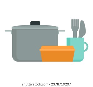 Pot, plastic container, cup and silverware: set of cooking utensils isolated