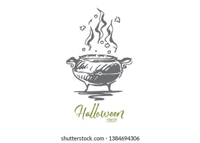 Pot, poison, Halloween, potion, holiday concept. Hand drawn preparation of magic potion concept sketch. Isolated vector illustration.