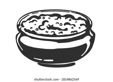 Pot with porridge, muesli or cottage cheese black and white. icon vector