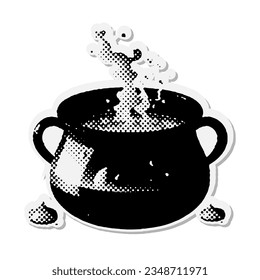 Pot with potion - Halloween halftone mixed media collage paper sticker. Dotted Vintage illustration in 90s zine Paper piece style.