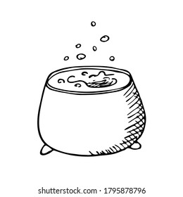 A pot with a potion.Vector illustration for the cheerful  holiday Halloween.Decorative element for party. Isolated object on white background in Doodle style.Clipart for postcard, invitation, textiles