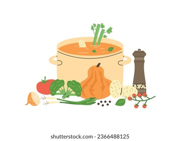 Pot with pumpkin soup and fresh ingredients, flat vector illustration isolated on white background. Autumn and thanksgiving meal. Healthy food concept.