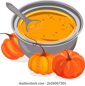 Pot of pumpkin soup and pumpkins without background