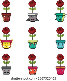 Pot and Rose Flower Cartoon with Cute Emoticon Set for Design Element or Sticker