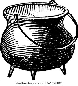 Pot, A Rounded Container With Four Legs Made Out Of Metal, Used For Cooking., Vintage Line Drawing Or Engraving Illustration. 