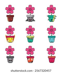 Pot and Sakura Flower Cartoon with Cute Emoticon Set for Design Element or Sticker