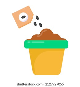 Pot with seeds denoting flat icon of seed sowing 

