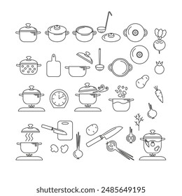 Pot. Set of vector icons. Dishes. Kitchen. Cook food.