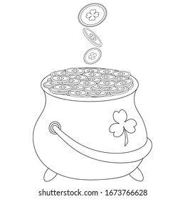 A pot of shining leprechaun gold. Coins fall into a bowler hat Money with the clover emblem. Vector illustration. Outline on an isolated white background. Doodle style. Sketch. Coloring book.