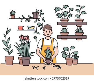 The pot shop owner is managing the plants. Plants are on display around her. hand drawn style vector design illustrations. 