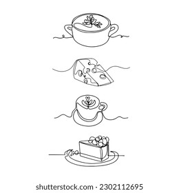 A pot of soup, cheese, a cup of coffee and a piece of cake. Icons for restaurant menu in line art style. vector image EPS 10