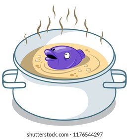 Pot with soup and fish