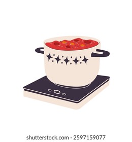 A pot of soup on an electric stove.
