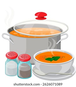 a pot of soup and salt and pepper and a plate