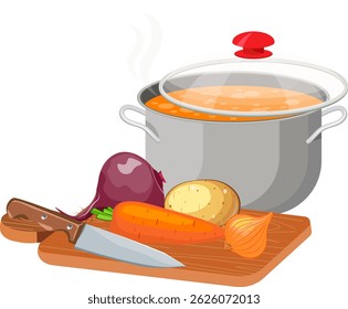 a pot of soup and a set of vegetables on a cutting board