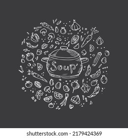 Pot con sopa, verduras, letras, dibujo tiza ilustración vectorial