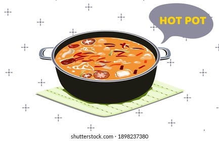 a pot of spicy soup, hot pot on white background. Isolated vector illustration.