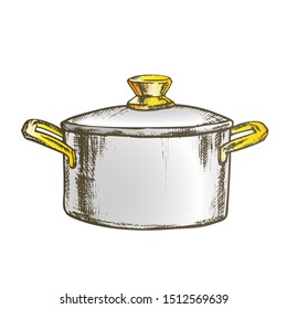 Pot Stainless Cooking Kitchenware Vintage Vector. Metallic Kitchen Accessory Pot For Boiling Water And Cook Food. Saucepan Engraving Template Designed In Vintage Style Color Illustration