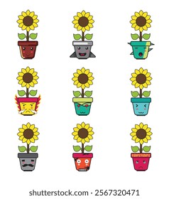 Pot and Sunflower Flower Cartoon with Cute Emoticon Set for Design Element or Sticker