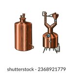  Pot Swan necked copper stills distillery for making alcohol. Bottle of Absinthe. Label for retro poster. Engraved hand drawn vintage sketch. Woodcut style