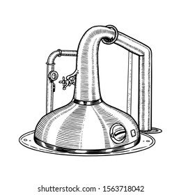 Pot Swan necked copper stills distillery for making alcohol. Engraved hand drawn vintage retro sketch for logo or whiskey label or alcohol menu. Vector illustration.