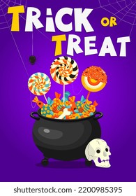 Pot of sweet treat and spider.  Happy Halloween Trick or Treat party banner. 