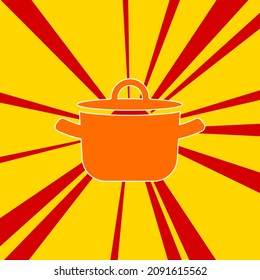 Símbolo de la olla sobre un fondo de líneas radiales de explosión de flash rojo. El gran símbolo naranja se encuentra en el centro del sol, simbolizando la salida del sol. Ilustración del vector sobre fondo amarillo