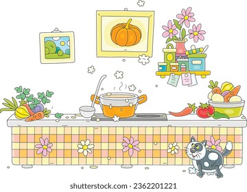 Pot of tasty vegetable soup cooking on a stove in a nice kitchen, vector cartoon illustrations on a white background