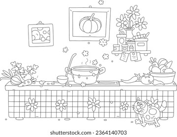 Pot of tasty vegetable soup cooking on a stove in a nice kitchen, black and white outline vector cartoon illustrations for a coloring book