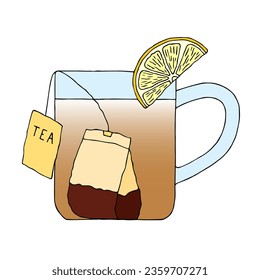 A pot of tea with a tea bag and a slice of lemon. Hand Drawn. Freehand drawing. Doodle. Sketch. Outline.	