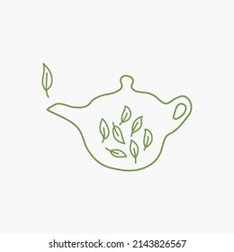 Pota con hojas de té, diseño de símbolo vector de línea