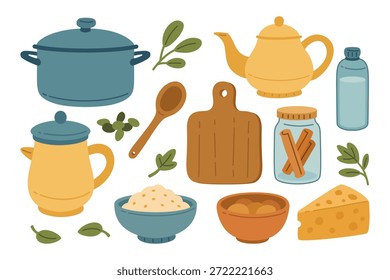 Olla, Tetera, Cuencos, Tableros, Especias, Hierbas, Hojas, Tarro, Queso, Canela plana conjunto de iconos coloridos. Paquete de diseño de elemento de dibujos animados de utensilios de cocina. Ilustración del sector de utensilios de preparación de alimentos.