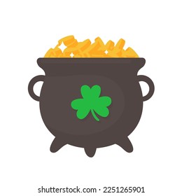 A pot that holds a lot of gold coins. Wealth concept for Saint Patrick's party