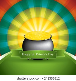 Pot of treasure on rainbow background. St. Patrick's Day card vector