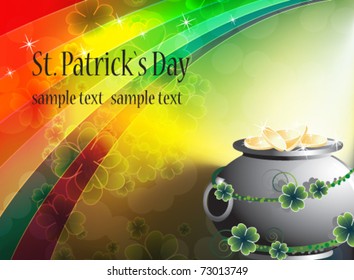 Pot of treasure on rainbow background. St. Patrick's Day card