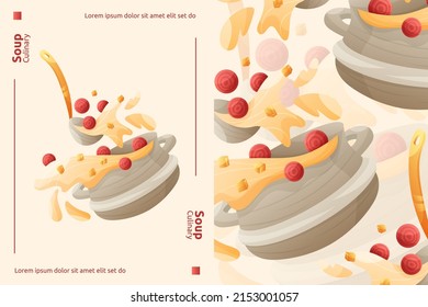 Pot of vegetable soup vector cartoon landing page concept. Stainless saucepan and ladle with fresh chopped veggies. Kitchenware website design.