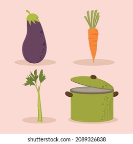pot and vegetables icon set