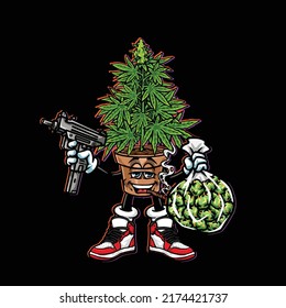 vectores de marihuana portador de marihuana, bolsa de nueces de hierba y marihuana de hierba de cannabis contundente y cara feliz