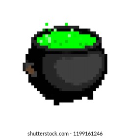 Pot witch pixel art. Boiler potion 8 bit. Halloween vector illustration
