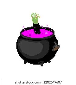 Pot witch pixel art. Boiler potion 8 bit. Halloween vector illustration
