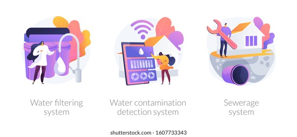 Potable liquid purification. Environmental pollution sensor. Water filtering system, water contamination detection system, sewerage system metaphors. Vector isolated concept metaphor illustrations.