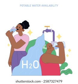 Potable Water Availability concept. This illustration emphasizes the importance of access to clean drinking water. It shows individuals enjoying safe water, highlighting the essentials of hydration