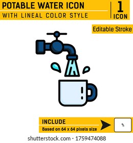 Potable water icon. Water tap and mug premium symbol with lineal color style isolated on white background. Vector illustration design template for graphic, website, mobile app, logo, print and more