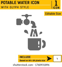Potable water icon. Water tap and mug premium symbol with glyph style isolated on white background. Vector illustration design template for graphic, website, mobile app, logo, print and more