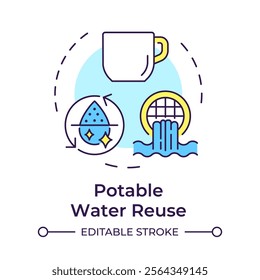 Potable water reuse multi color concept icon. Advanced treatment of wastewater. Drinking standards providing. Round shape line illustration. Abstract idea. Graphic design. Easy to use in booklet