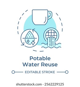 Potable water reuse soft blue concept icon. Advanced treatment of wastewater. Drinking standards providing. Round shape line illustration. Abstract idea. Graphic design. Easy to use in booklet