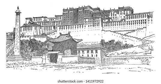 The Potala at Lhasa which is the supreme head of Tibetan Buddhists occupies an enormous palace on the Potala hill at Lhasa, vintage line drawing or engraving illustration.